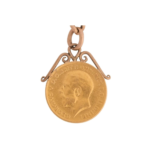 24 - A 9ct rose gold Albert chain with half sovereign fob, comprising a series of graduated curb links wi... 