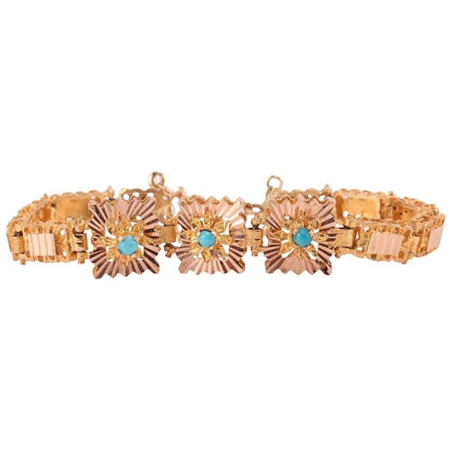 25 - A turquoise-set bracelet, of abstract floral design, featuring three rectangular panels, each set wi... 