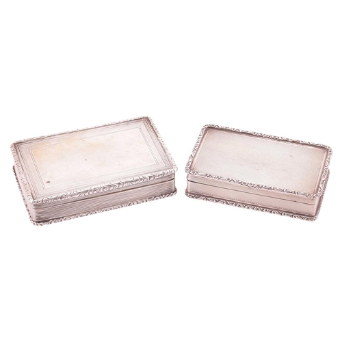 323 - Two silver snuff boxes; comprising a Victorian silver snuff box, rectangular with cast foliate borde... 