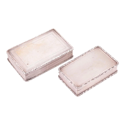 323 - Two silver snuff boxes; comprising a Victorian silver snuff box, rectangular with cast foliate borde... 