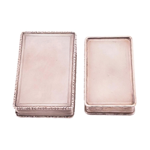 323 - Two silver snuff boxes; comprising a Victorian silver snuff box, rectangular with cast foliate borde... 