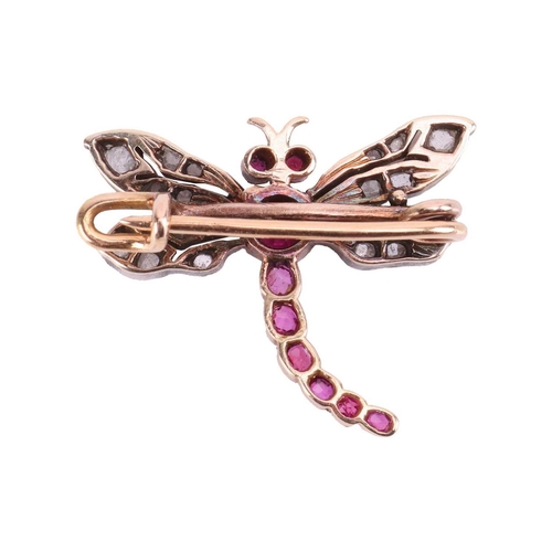 36 - A Victorian gem-set dragonfly brooch, the thorax and abdomen set with graduated mixed-cut rubies, of... 