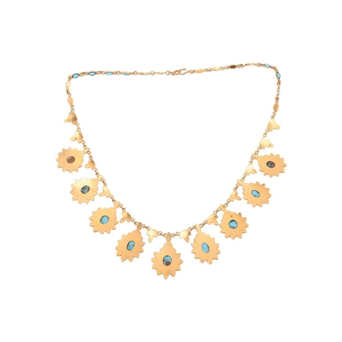 53 - A turquoise cluster fringe necklace, comprising nine graduating floral clusters composed of oval and... 