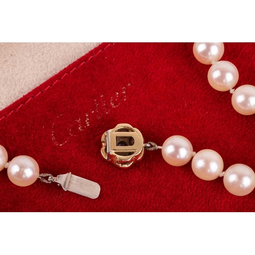 64 - A single-row cultured pearl necklace with diamond cluster clasp, comprising a row of cream-coloured ... 