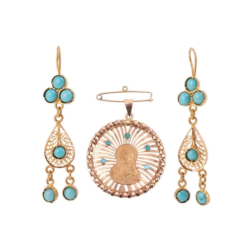 66 - A Madonna pendant and a pair of turquoise-set ornaments; the Madonna medallion embellished with turq... 