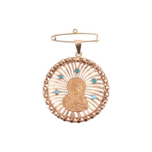 66 - A Madonna pendant and a pair of turquoise-set ornaments; the Madonna medallion embellished with turq... 