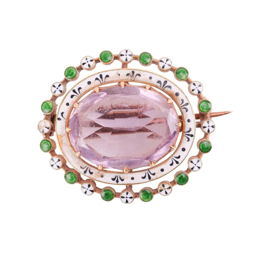 67 - A Victorian amethyst and enamel brooch, the central oval-shaped amethyst set within a 12-claw settin... 