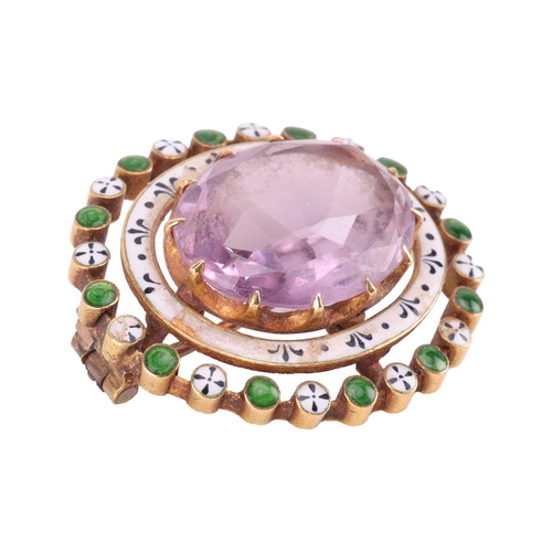 67 - A Victorian amethyst and enamel brooch, the central oval-shaped amethyst set within a 12-claw settin... 