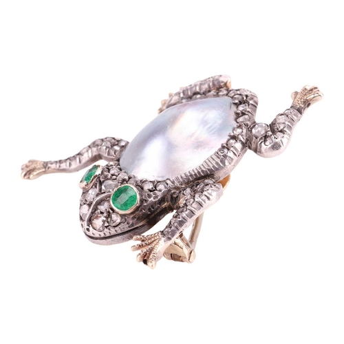 69 - A gem-set frog brooch, the body set with a mabé pearl, of bluish tones, with emerald-set eyes, surro... 