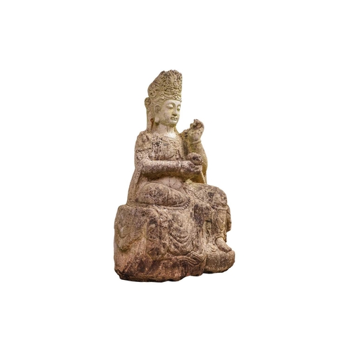 122 - A large and impressive carved and moulded stone, Buddha seated in Lalitasana, with a subtle establis... 