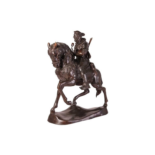 126 - A very large patinated bronze figure of an Arab figure on a horse, 20th century, after Antoine-Louis... 