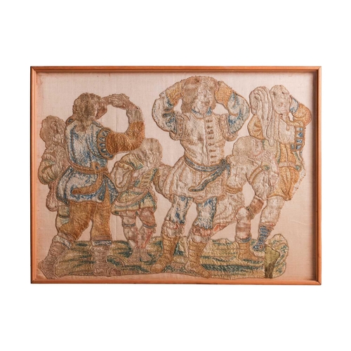 129 - A 17th century Flemish silk tapestry fragment, depicting figures revelling, glazed in a mondern fram... 