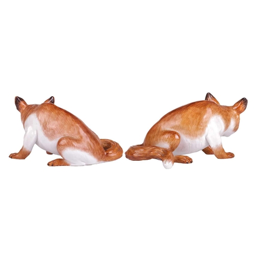 140 - In the manner of J.J Kandler, a close pair of Meissen porcelain seated dog foxes, the second half of... 