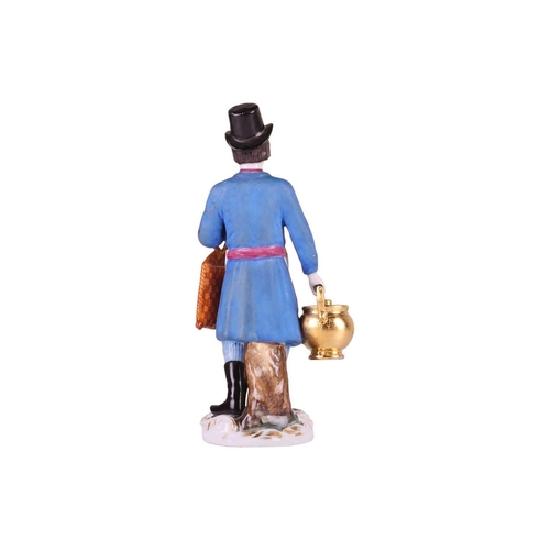 141 - A Gardner Porcelain figure of a Tea Vendor, Moscow, early 19th century, standing wearing a black top... 