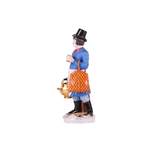 141 - A Gardner Porcelain figure of a Tea Vendor, Moscow, early 19th century, standing wearing a black top... 