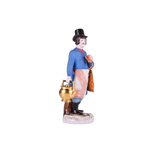 141 - A Gardner Porcelain figure of a Tea Vendor, Moscow, early 19th century, standing wearing a black top... 