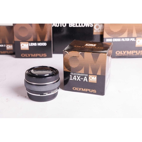 157 - A large collection of boxed Olympus OM System cameras and accessories, comprising: an OM-4 Ti camera... 