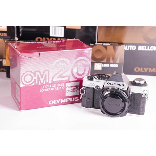 157 - A large collection of boxed Olympus OM System cameras and accessories, comprising: an OM-4 Ti camera... 