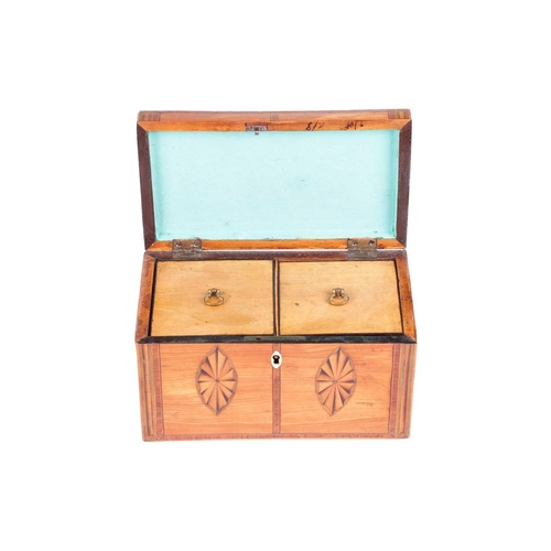 192 - A George III Sheraton period figured satinwood and parquetry inlaid two-section rectangular tea cadd... 