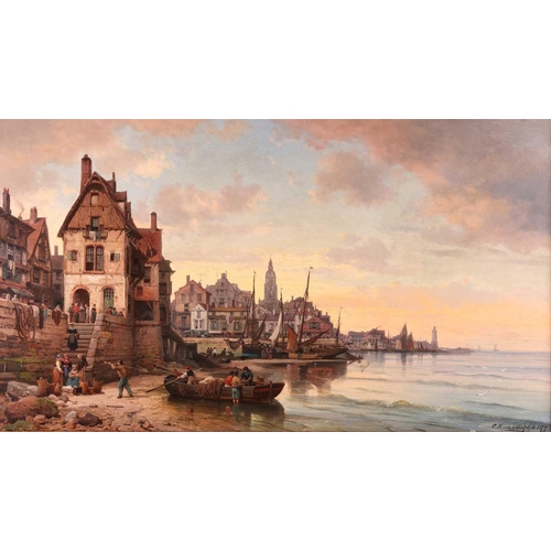 20 - Charles Euphraise Kuwasseg (French 1833-1904), A Busy French Coastal Town, signed and dated 'C. Kuwa... 