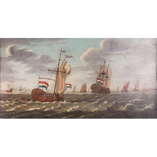 25 - Manner of Abraham Storck (late 18th century), Dutch sailing vessels near port, oil on canvas, 47 x 9... 