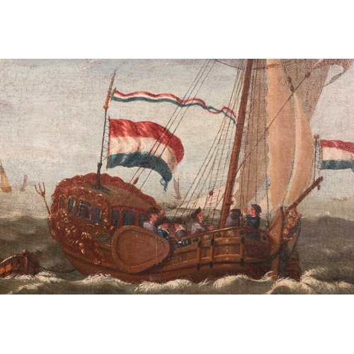 25 - Manner of Abraham Storck (late 18th century), Dutch sailing vessels near port, oil on canvas, 47 x 9... 