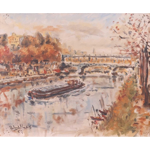 27 - Robert Habit (French 20th century) Barge on the Seine signed 'Robert Habit '54' (lower left) oil on ... 