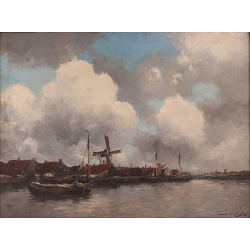 31 - Jan Van Couver (Dutch, 1836 - 1909) A Harbour Scene with Windmill signed 'J Van Couver' (lower right... 