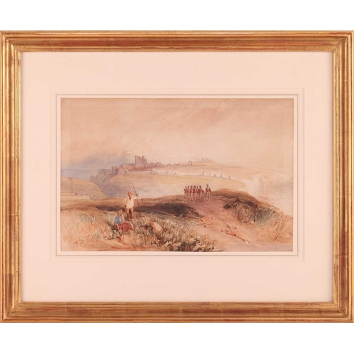 46 - Thomas Lound (British 1802-1861) Dover Castle, with resting figures and soldiers on the cliff waterc... 