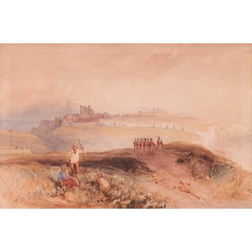 46 - Thomas Lound (British 1802-1861) Dover Castle, with resting figures and soldiers on the cliff waterc... 