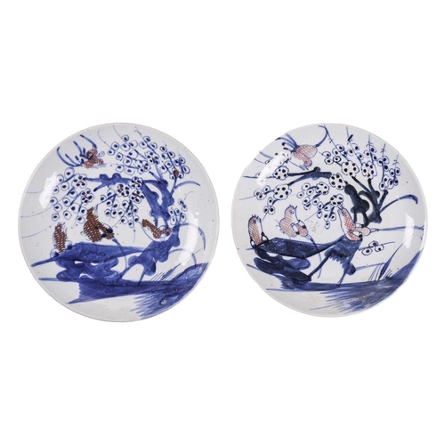 68 - A pair of Chinese porcelain cobalt blue and iron red saucer dishes, Qing Dynasty, late 19th century,... 