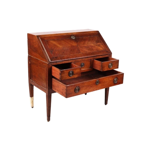 77 - A late 18th-century Italian walnut parquetry bureau, with a quartered fall opening to reveal a stepp... 