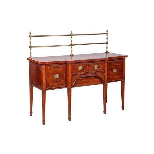 84 - A George III mahogany and inlaid breakfront sideboard, with brass rail to rear, over four drawers, o... 