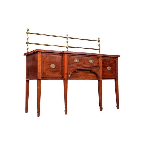 84 - A George III mahogany and inlaid breakfront sideboard, with brass rail to rear, over four drawers, o... 