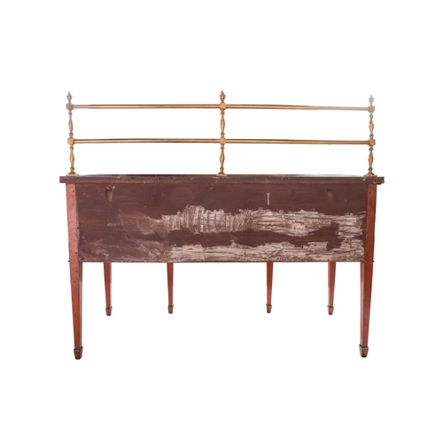 84 - A George III mahogany and inlaid breakfront sideboard, with brass rail to rear, over four drawers, o... 