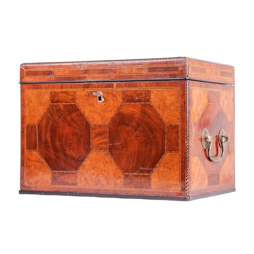 94 - A fine late 18th century mahogany, walnut and parquetry rectangular decanter box, with brass handles... 