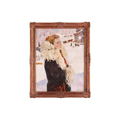 16 - Andrei Bliok (b. 1946) Half-length portrait of a lady in a fur coat, in a winter scene signed in Cyr... 