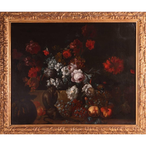 32 - Follower of Abraham Brueghel Still life with flowers, fruit, parrot and monkey unsigned, labelled 'J... 