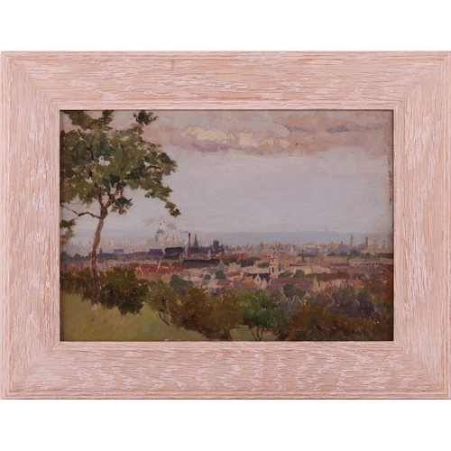 36 - George Carline (British 1855-1920) Sketch of London from Hampstead Heath titled (verso) oil on board... 