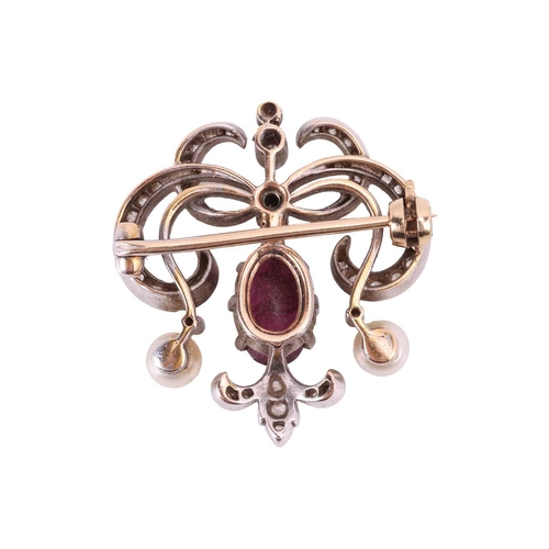 1 - A late Victorian gem-set brooch, of scrollwork design, centred with an oval-cut ruby, to an openwork... 