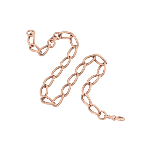 121 - A 9ct yellow gold watch chain, featuring oval curb links leading to an Albert fixed top clasp, each ... 