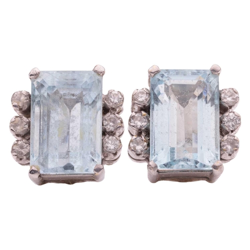 131 - A pair of aquamarine and diamond stud earrings, each contains a rectangular step-cut aquamarine of 9... 