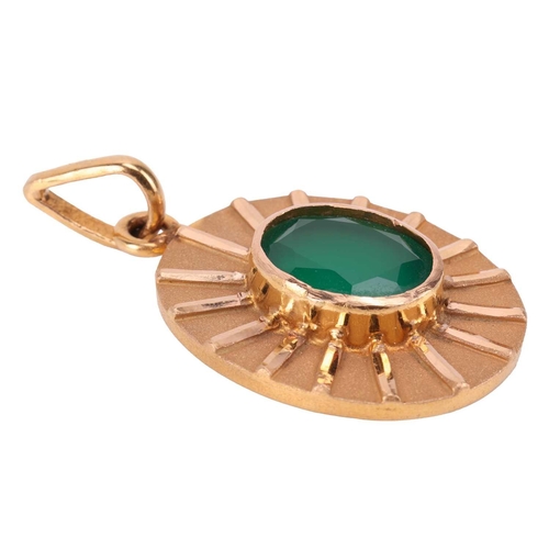 25 - A gem-set oval pendant, centred with an oval-cut dyed green agate of 1.0 cm x 1.3 cm, bezel-set with... 