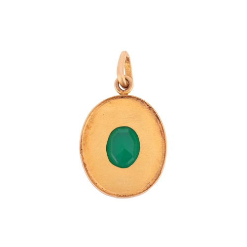 25 - A gem-set oval pendant, centred with an oval-cut dyed green agate of 1.0 cm x 1.3 cm, bezel-set with... 