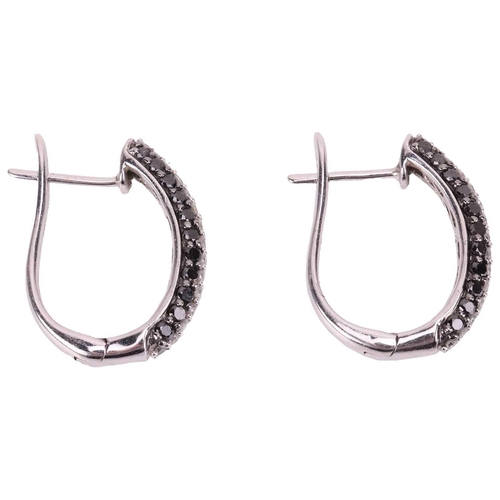 30 - A pair of diamond-set hoop earrings, each set with alternating rows of black and white circular-cut ... 