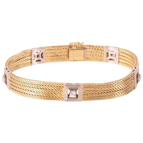 40 - A diamond-set mesh bracelet, composed of five strands of textured serpentine chain, punctuated by fi... 