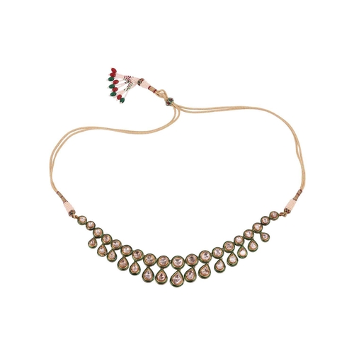 48 - An Indian diamond-set fringe necklace and matching drop earrings; the necklace comprising a series o... 