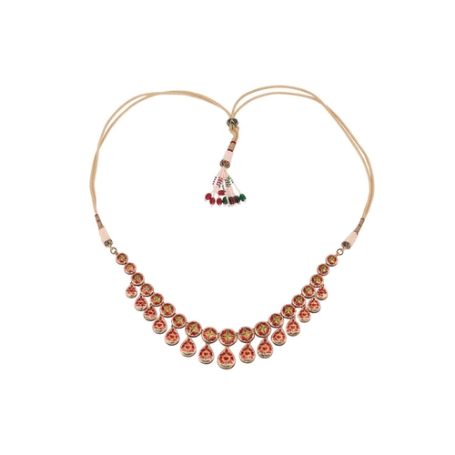 48 - An Indian diamond-set fringe necklace and matching drop earrings; the necklace comprising a series o... 