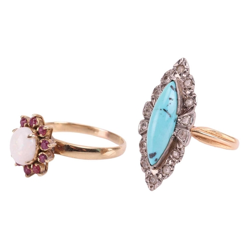 77A - Two gem-set dress rings; comprising an opal and ruby floral cluster ring, the central opal cabochon ... 