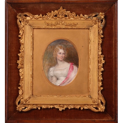 14 - Two 19th-century miniature portraits on ivory, each in an oval gilt frame within velvet-lined outer ... 